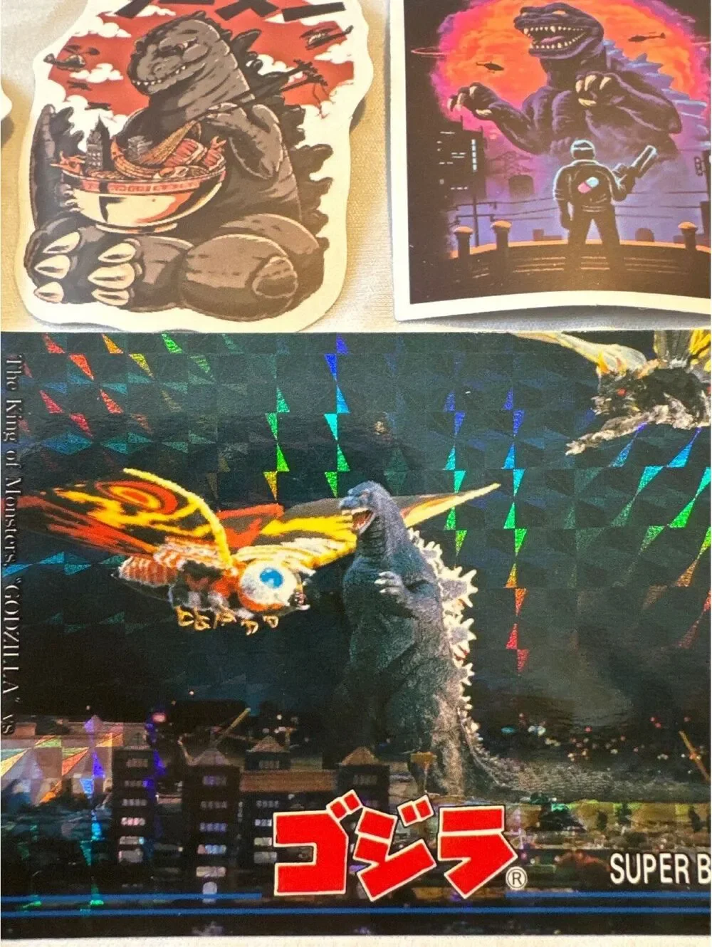1995 Amada Godzilla prism card #53 Heisei era Godzilla Vs Mothra & 8 Stickers NM